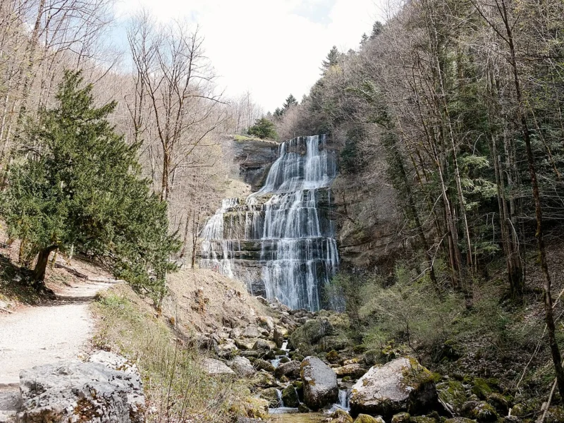 Haute cascade en gradins tombant d'une falaise dans une forêt de printemps, avec un sentier au premier plan.