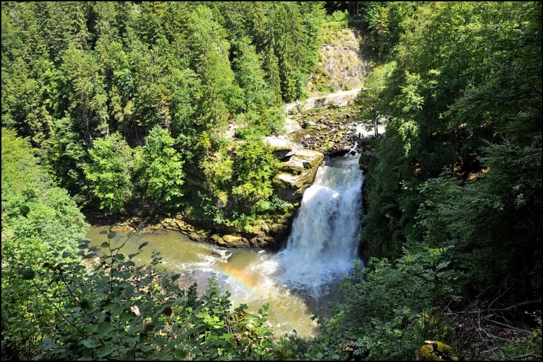Cascade puissante tombant dans un bassin vert, encadrée de rochers et d'une forêt dense.