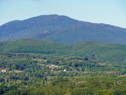 Sommet boisé arrondi se détachant sur un ciel pâle, au-dessus de collines couvertes de forêt et de quelques maisons dans la vallée.