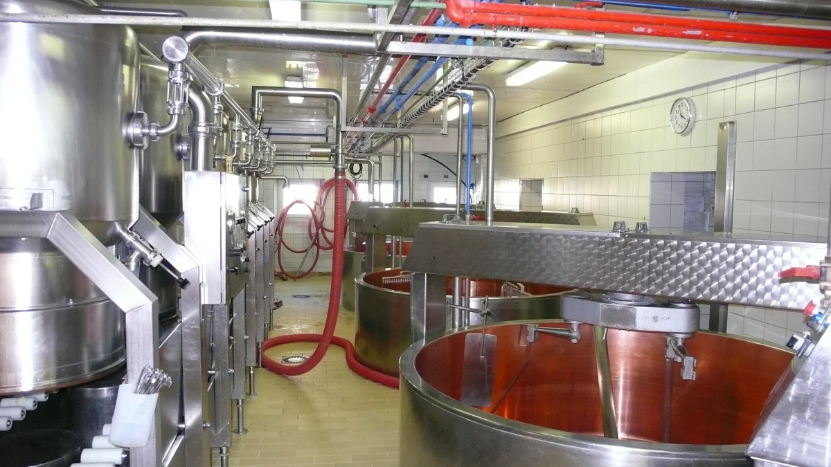 Salle de fabrication carrelée de blanc avec plusieurs cuves ouvertes à l’intérieur en cuivre, des tuyauteries et des équipements en inox.