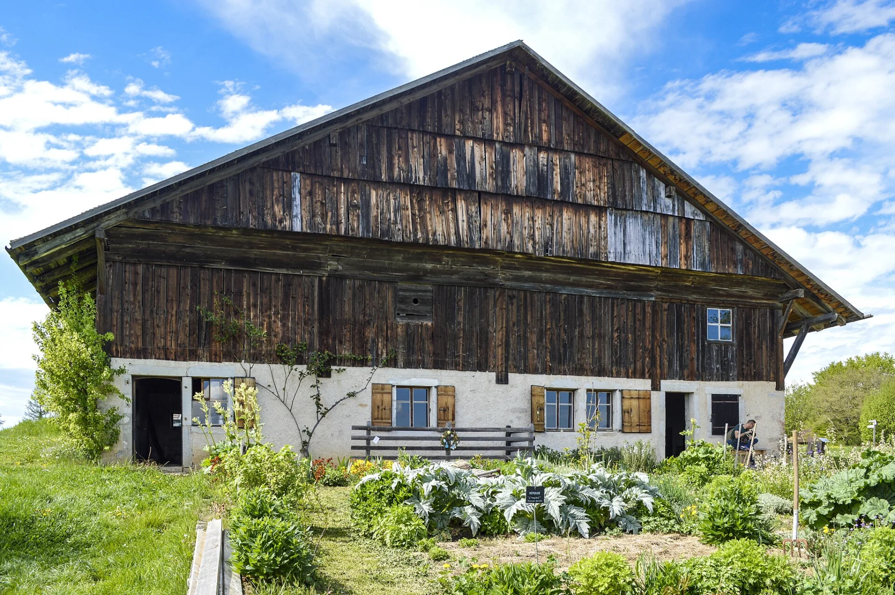 Grande ferme au toit à deux pans, haut du pignon en planches de bois sombre au-dessus d’un rez-de-chaussée enduit de blanc, potager au premier plan.