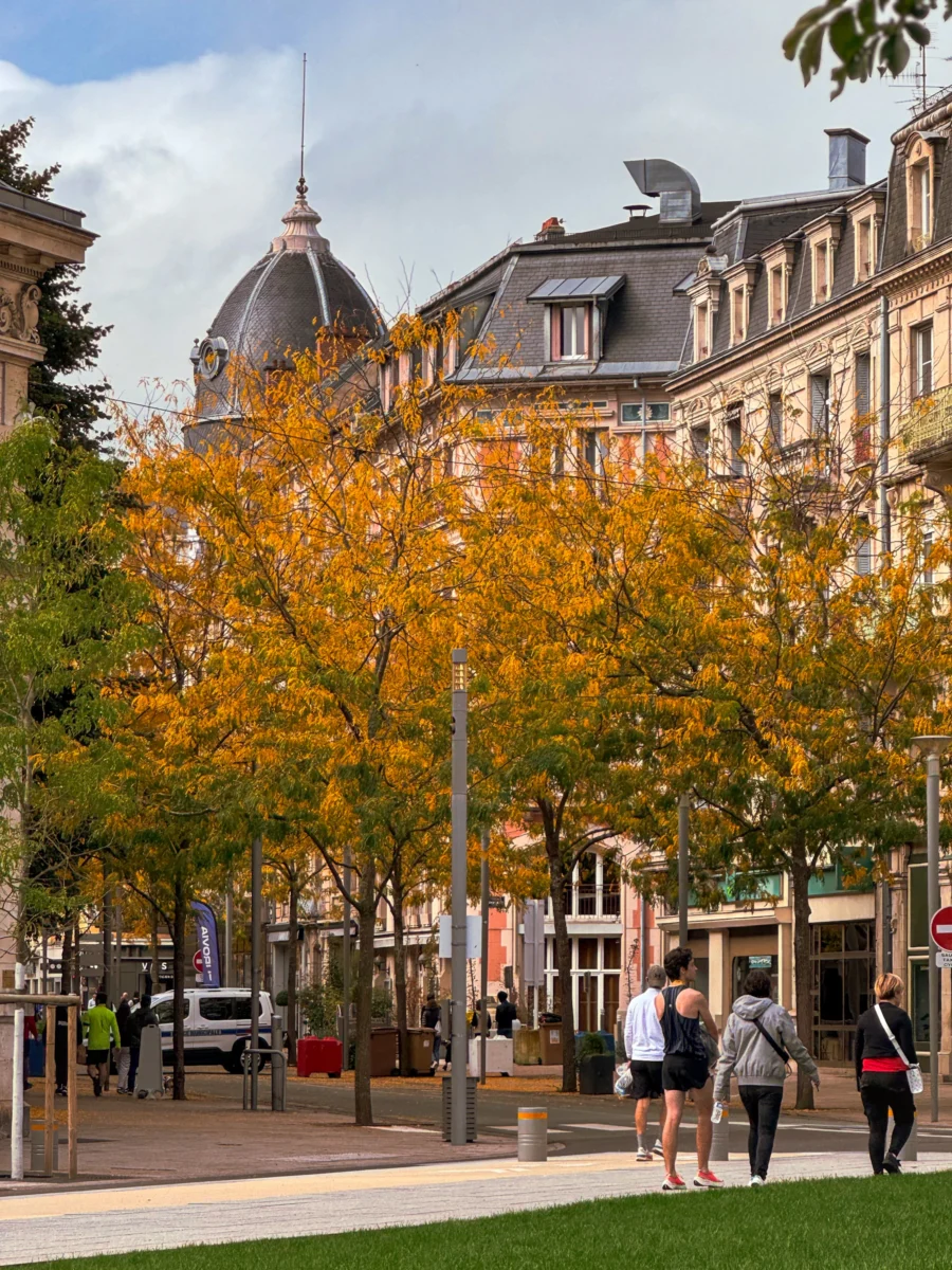 Arbres aux feuillages orangés devant des immeubles anciens à Belfort