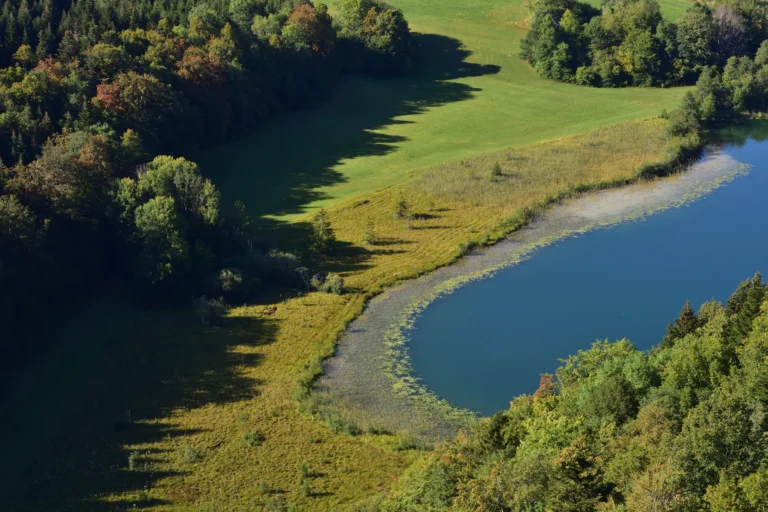 Méandre d’une rivière entre prairies et forêts, vu d’en haut, dans le Jura