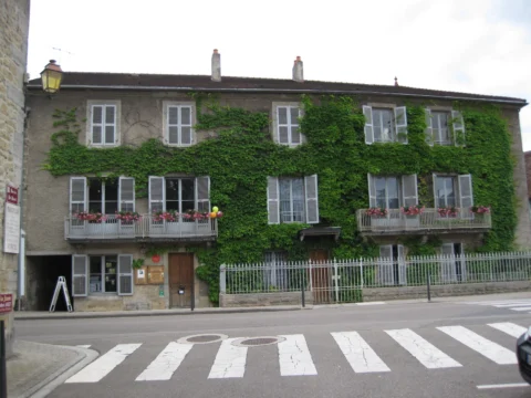 Façade de maison bourgeoise en pierre couverte de vigne vierge, avec balcons fleuris, au bord d'une rue.