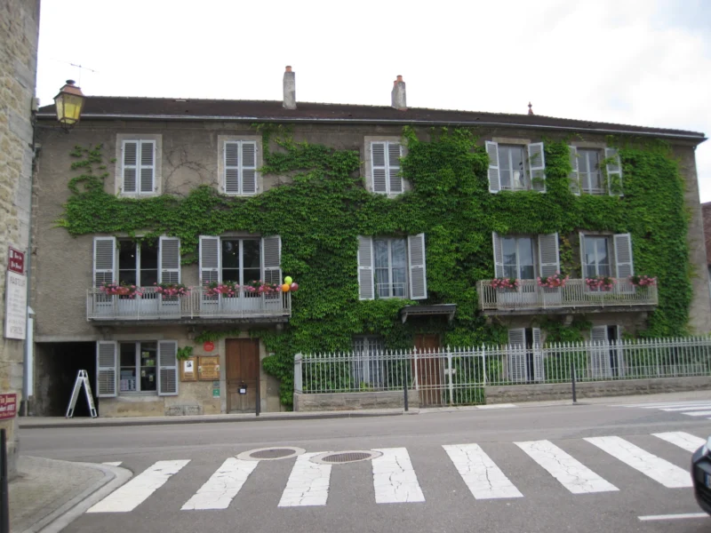 Façade de maison bourgeoise en pierre couverte de vigne vierge, avec balcons fleuris, au bord d'une rue.